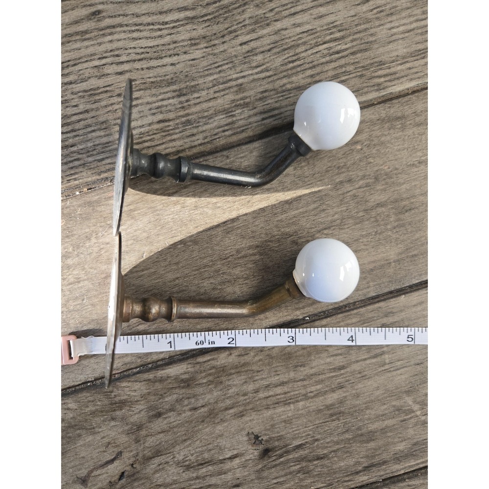 2 Vintage Brass & Porcelain Ball Wall Hanger Hook Coat Towel Rack Farmhouse - Picture 9 of 10